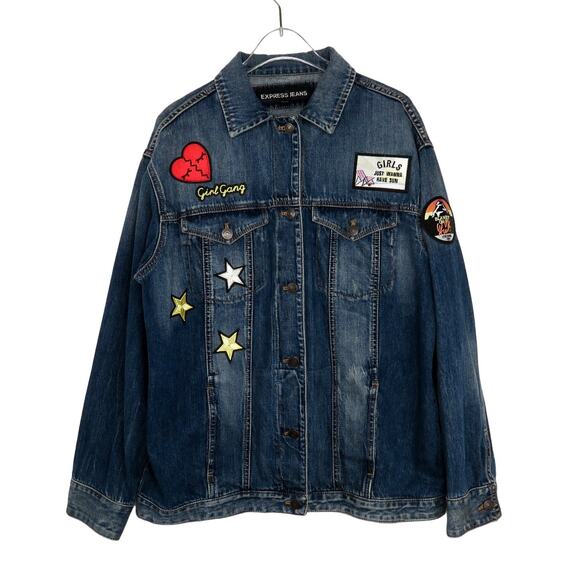 Y2k Vintage Express Jean Jacket with Patches Medium Heart Kidcore Retro Denim - Picture 1 of 9